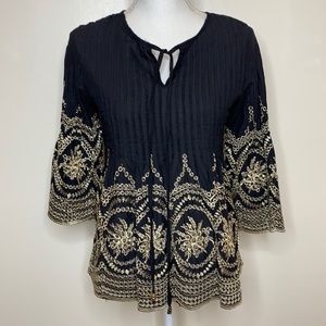 MISS KELLY Tunic Top Black Gold Boho Pin Tuck Pleat Eyelet Embroidery Small